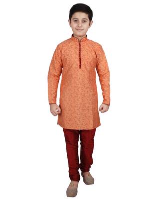 Orange Floral Design Silk  Boys Kurta Pajama Set 1