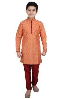 Orange Floral Design Silk  Boys Kurta Pajama Set