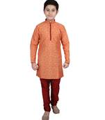 Orange Floral Design Silk  Boys Kurta Pajama Set