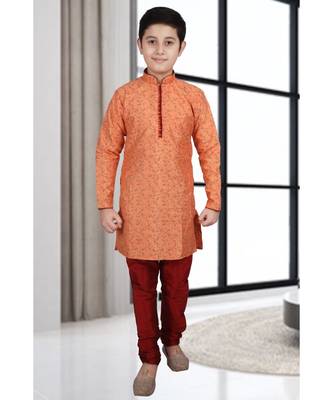 Orange Floral Design Silk  Boys Kurta Pajama Set 2