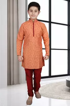 Orange Floral Design Silk  Boys Kurta Pajama Set