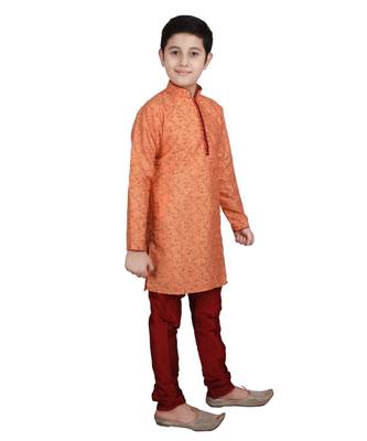 Orange Floral Design Silk  Boys Kurta Pajama Set 3