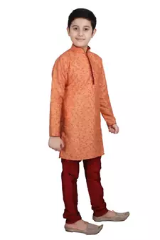 Orange Floral Design Silk  Boys Kurta Pajama Set