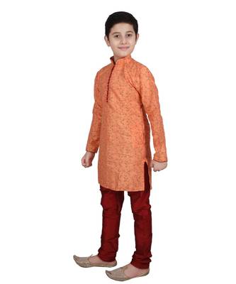 Orange Floral Design Silk  Boys Kurta Pajama Set 4