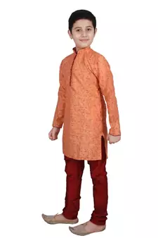 Orange Floral Design Silk  Boys Kurta Pajama Set