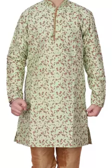 Pista Floral Design Silk  Boys Kurta Pajama Set