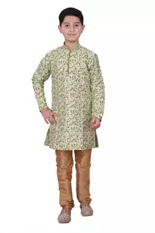 Pista Floral Design Silk  Boys Kurta Pajama Set