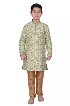 Pista Floral Design Silk  Boys Kurta Pajama Set