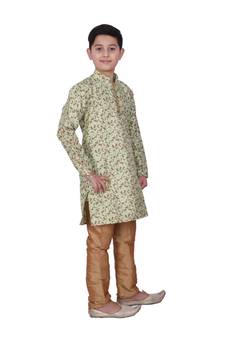 Pista Floral Design Silk  Boys Kurta Pajama Set