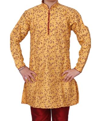 Yellow Floral Design Silk  Boys Kurta Pajama Set 2