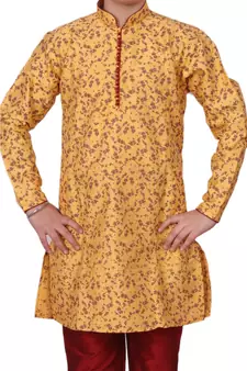 Yellow Floral Design Silk  Boys Kurta Pajama Set
