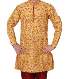 Yellow Floral Design Silk  Boys Kurta Pajama Set