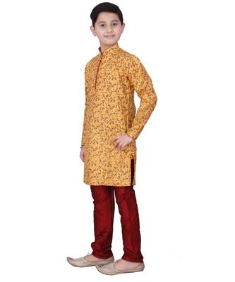 Yellow Floral Design Silk  Boys Kurta Pajama Set 3