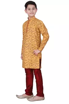 Yellow Floral Design Silk  Boys Kurta Pajama Set