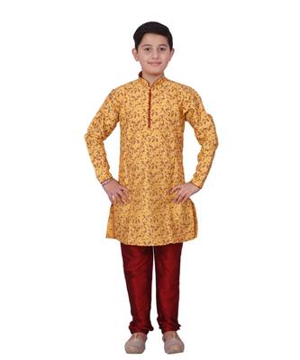Yellow Floral Design Silk  Boys Kurta Pajama Set 1