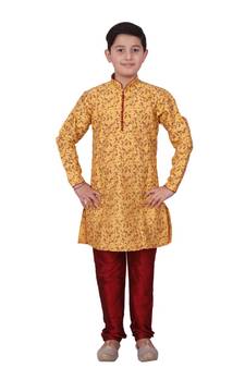 Yellow Floral Design Silk  Boys Kurta Pajama Set