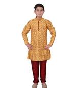 Yellow Floral Design Silk  Boys Kurta Pajama Set