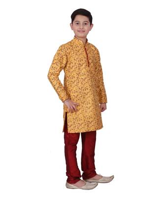 Yellow Floral Design Silk  Boys Kurta Pajama Set 4