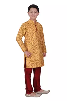 Yellow Floral Design Silk  Boys Kurta Pajama Set