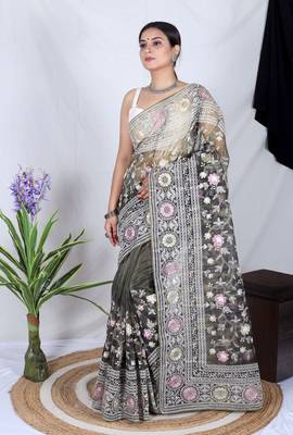 Black Organza Printed Saree With Kashmiri Thread Work  1