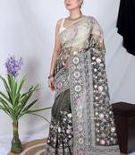 Black Organza Printed Saree With Kashmiri Thread Work 