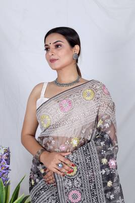 Black Organza Printed Saree With Kashmiri Thread Work  3