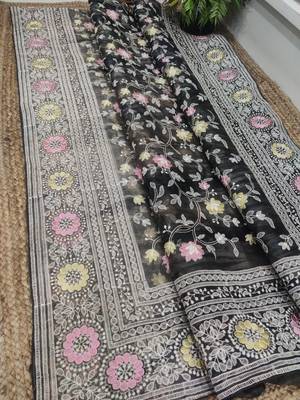 Black Organza Printed Saree With Kashmiri Thread Work  4