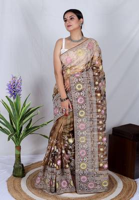 Organza Printed Saree With Kashmiri Thread Work Saree 1