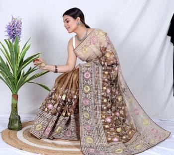 Organza Printed Saree With Kashmiri Thread Work Saree 2