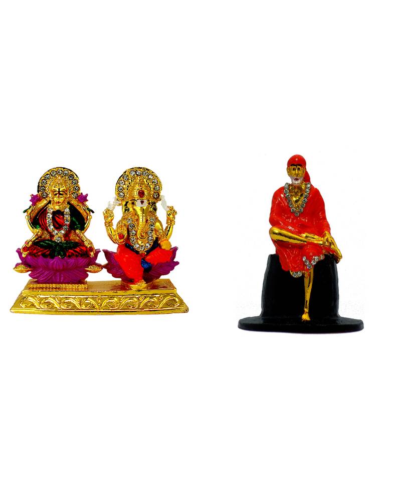 Lakshmi-Ganesha Laxmi Ganesh (Golden Meenakari) Sai Baba of Shirdi Blessing Murti Combo Set 2 Idol Statue Showpiece