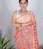 Orange Colour Organza Printed Saree With Kashmiri Thread Work Saree