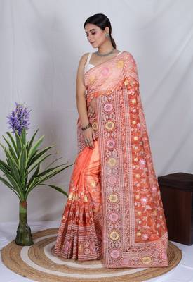 Orange Colour Organza Printed Saree With Kashmiri Thread Work Saree 2