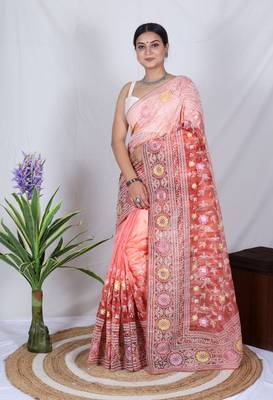 Orange Colour Organza Printed Saree With Kashmiri Thread Work Saree 3