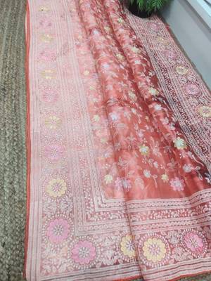 Orange Colour Organza Printed Saree With Kashmiri Thread Work Saree 4