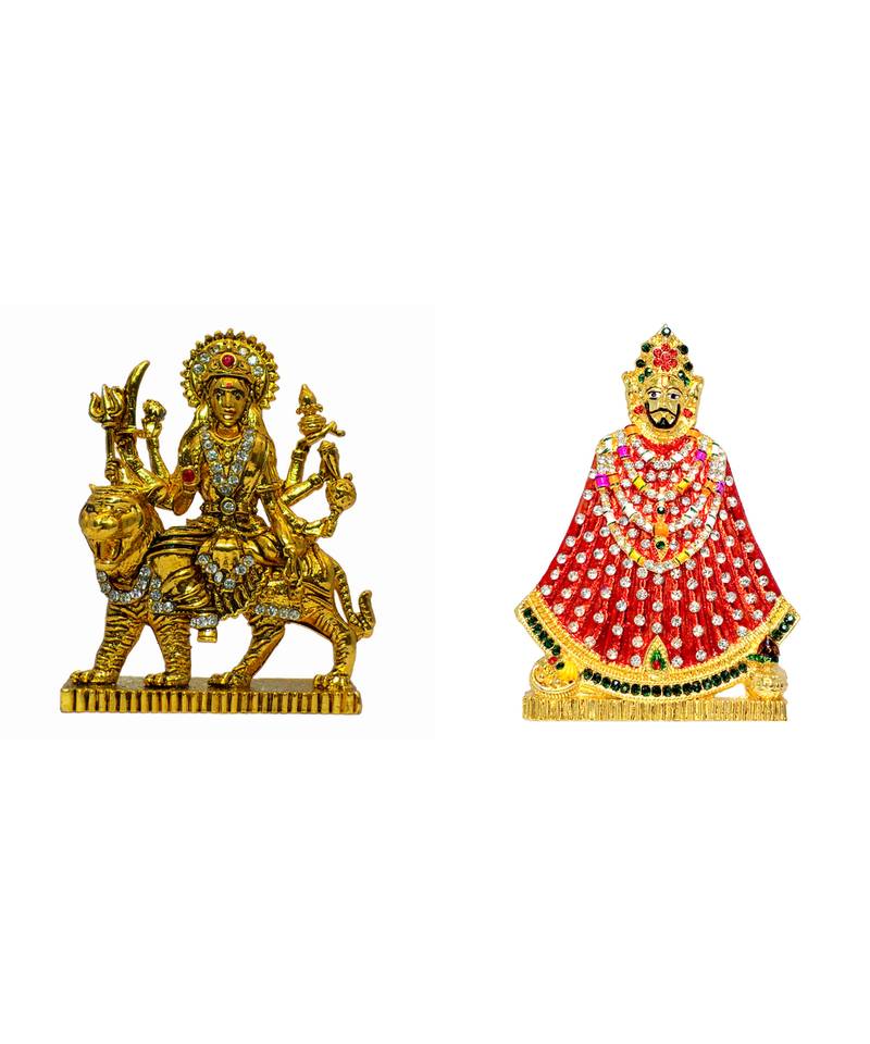 Maa Durga, Vaishno Devi, Sherawali Mata Khatu Shyam Ji Set of 2 Idol Statue for Home Office Shop Car Dashboard & Gift