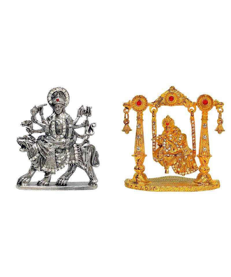 Maa Durga of Vaishno Devi, Sherawali Mata Murti (antique style) Lord RadhaKrishna on Swing Set 2 Idol Statue
