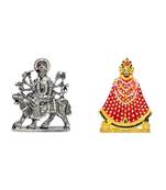 Maa Durga of Vaishno Devi, Sherawali Mata Murti Silver Color (antique style) Khatu Shyam Ji Set 2 Idol Statue