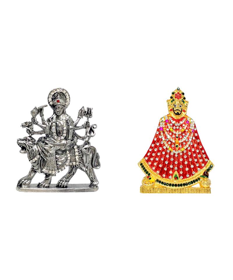 Maa Durga of Vaishno Devi, Sherawali Mata Murti Silver Color (antique style) Khatu Shyam Ji Set 2 Idol Statue
