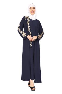 ENTIRE Creep Fabric Embroidered Abaya with Hijab Blue Color for Girls, Ladies, Women, Burkha 1