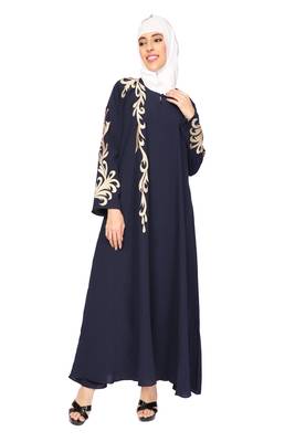 ENTIRE Creep Fabric Embroidered Abaya with Hijab Blue Color for Girls, Ladies, Women, Burkha 2