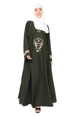 ENTIRE Creep Fabric Embroidered Abaya with Hijab Olive Green Color for Girls, Ladies, Women, Burkha 1