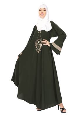ENTIRE Creep Fabric Embroidered Abaya with Hijab Olive Green Color for Girls, Ladies, Women, Burkha 2