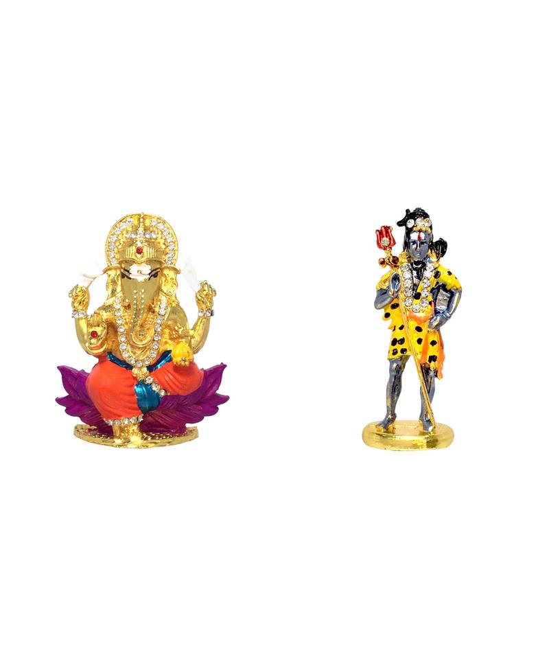 Lord Ganesha on Lotus Flower Murti Shiva Holding Holy Trident (Small Size) Set of 2 Idol Statue for Home Office & Car