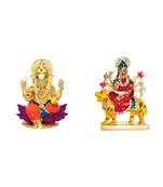Lord Ganesha on Lotus Flower Murti Mata Sherawali (Multicolor) Small Size Set of 2 Idol Statue for Home Office & Car