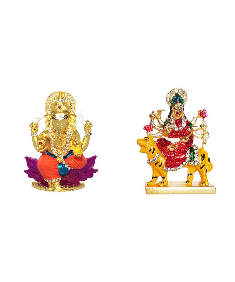 Lord Ganesha on Lotus Flower Murti Mata Sherawali (Multicolor) Small Size Set of 2 Idol Statue for Home Office & Car