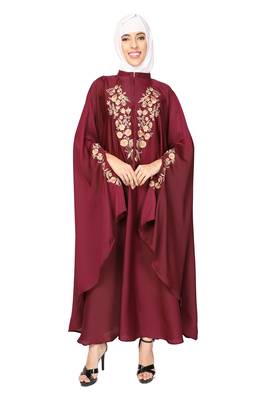 ENTIRE Creep Fabric Embroidered Kaftan Abaya with Hijab Maroon Color for Girls, Ladies, Women, Burkha 1