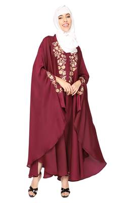 ENTIRE Creep Fabric Embroidered Kaftan Abaya with Hijab Maroon Color for Girls, Ladies, Women, Burkha 2