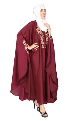ENTIRE Creep Fabric Embroidered Kaftan Abaya with Hijab Maroon Color for Girls, Ladies, Women, Burkha 3