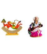 Lord Hanuman Flying With Dronagiri Parvat Mata Saraswati on Lotus Flower Set of 2 Idol Statue for Home Office & Car
