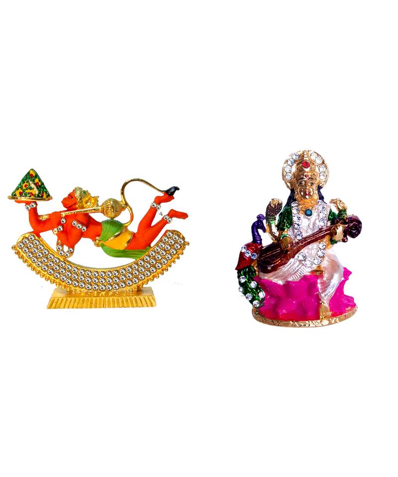 Lord Hanuman Flying With Dronagiri Parvat Mata Saraswati on Lotus Flower Set of 2 Idol Statue for Home Office & Car